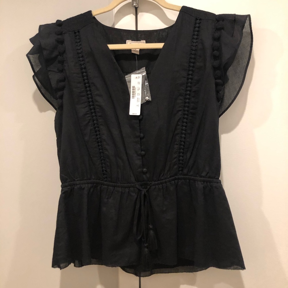 J. CREW Point Sur Flutter Sleeve Pom Pom Top Sz M